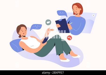 Online psychotherapy concept. Woman psychologist talking to patient, writing notes, psychotherapy counseling via video chat or conference, mental Stock Vector