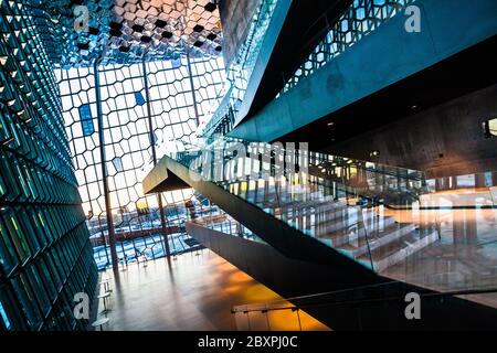 Harpa Concert Hall view during blue hour which is a concert hall and conference centre in Reykjavik, Iceland Stock Photo