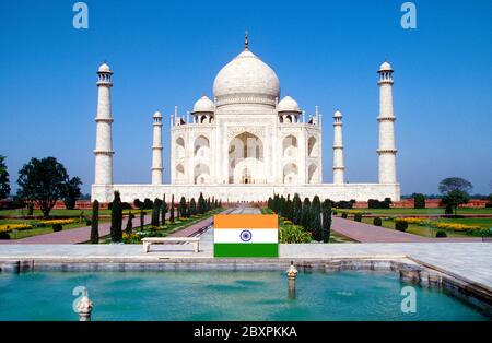 The Taj Mahal. A mausoleum at Agra, India was completed in 1649 by the Mogul emperor Shah Jahan in memory of his favourite wife. Captured moments befo Stock Photo