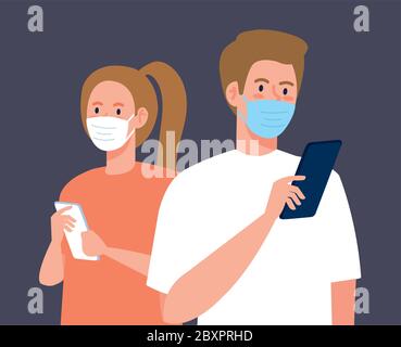 young couple wearing medical mask against covid 19 using smartphone, social media coronavirus concept Stock Vector