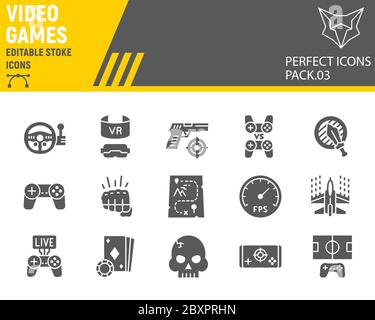 Video games glyph icon set, gaming symbols collection, vector sketches, logo illustrations, video gaming icons, play signs solid pictograms, editable Stock Vector