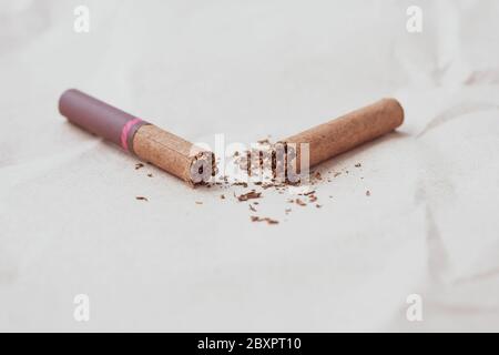 Broken dark cigar on a neutral paper background. Healthy lifestyle concept. A crushed cigarette and scattered tobacco. Copy, text space. Bad habit, ni Stock Photo