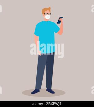 young man wearing medical mask against covid 19 using smartphone, social media coronavirus concept Stock Vector