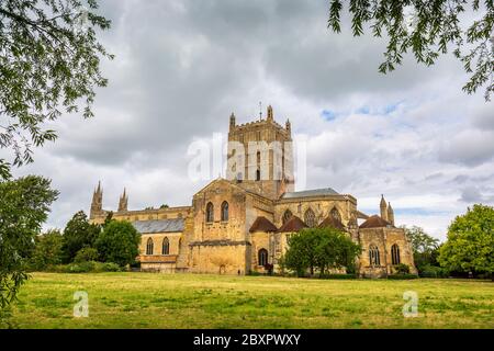 A west view of Tewkesbury Abbey Church in Gloucestershire, England Stock Photo