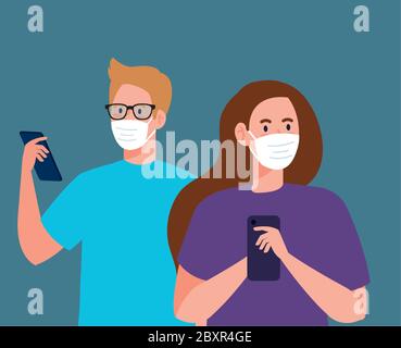 young couple wearing medical mask against covid 19 using smartphone, social media coronavirus concept Stock Vector