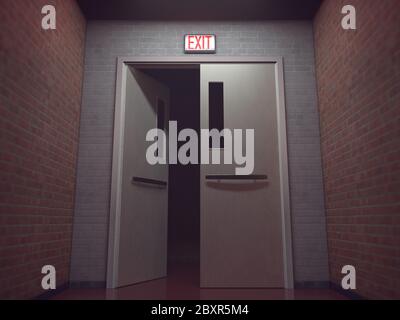 Exit signal in red glowing above the opened door. 3D illustration, conceptual image. Stock Photo