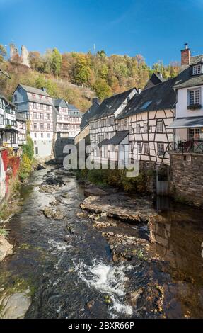 Picturesque timber framed houses along the Rur River in the historic center of Monschau, Aachen, Germany Stock Photo