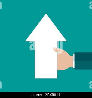 businessman hand holds arrow up isolated on turquoise background. Navigation, pointing, showing, growth symbol. hint, tint concept. Goal achievement. Stock Vector