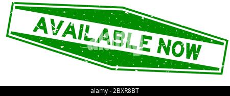 Grunge green available now word hexagon rubber seal stamp on white background Stock Vector