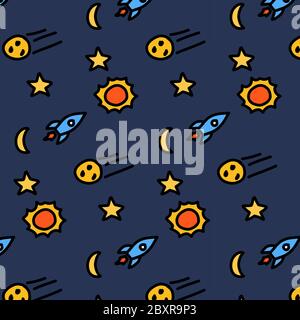 Background pattern of doodle line in space concept (Rocket, star, sun, starfall) Stock Vector