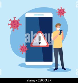 man wearing medical mask look into her smartphone, covid 19, social media coronavirus concept Stock Vector