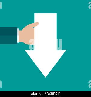 businessman hand holds arrow down isolated on turquoise background. Navigation, pointing, showing, fall, decrease symbol. hint, tint concept. Goal ach Stock Vector