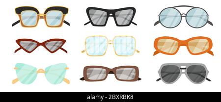 Summer sunglasses collection. Hippie, classic, aviator, round. Vector set. Stock Vector