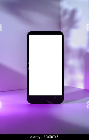 Minimalist modern smartphone mockup for presentation, in perspective front of the corner angle of the wall, with purple abstract and plant shapes on b Stock Photo