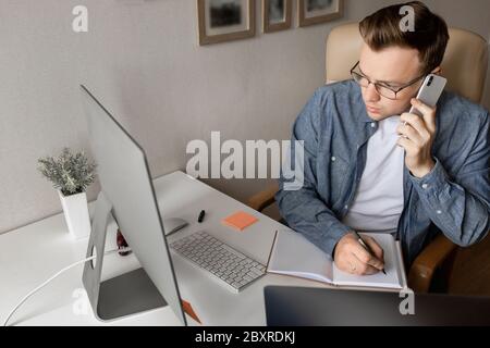 Business man using video call on laptop discuss work project online. Stock Photo