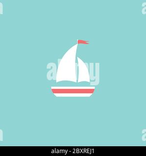 Flat white boat with two sails and little waving red flag on the top. Isolated on powder blue background. Summertime marine greeting card. Blue color. Stock Vector