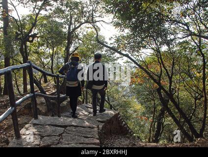 Huangshan Mountain in Anhui Province, China. Unidentifiable walkers on a path through the forest between Sanxi Bridge and Fairy Walking Bridge. Stock Photo