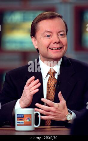 Gary Bauer, President of the Family Research Council, discusses the ongoing Senate impeachment trial of President Bill Clinton during NBC's Meet the Press television news talk show January 31, 1999 in Washington, D.C. Stock Photo