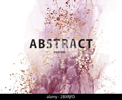 Purple ink watercolor design. Modern alcohol ink texture, grunge brush abstract art with gold foil splashes. Artistic background in vector. Stock Vector