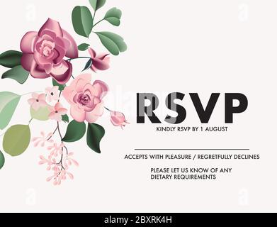 Greeting card with wild roses, eucaliphys leaves watercolor design. Realistic rsvp nature design invitation card for wedding, birthday, party, bride h Stock Vector
