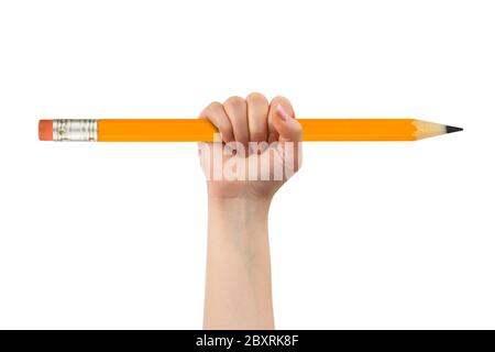 Big pencil in hand Stock Photo