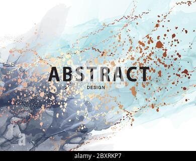 Watercolor navy gold background, marble liquid texture luxury wallpaper. Chic abstract blue business card, pastel pigment pattern. Contemporary 2020 p Stock Vector