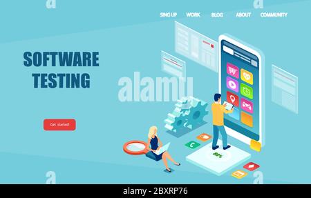 Software development and application quality assurance. Vector of IT developers testing mobile phone apps Stock Vector