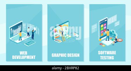 Vector set of an IT team and graphic designer developing website, programming,coding fixing bugs and testing mobile apps Stock Vector