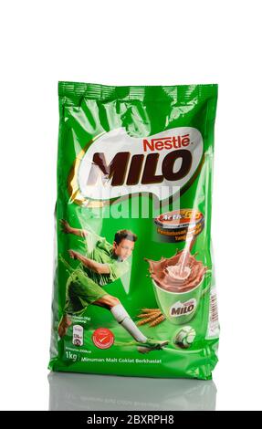 Kuching, Sarawak / Malaysia - May 10, 2020: milo chocolate and malt powder of nestle brand in a packet on white background. Stock Photo