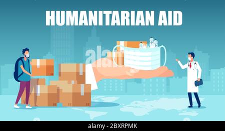 Humanitarian support during coronavirus pandemic concept. Vector of a hand supplying masks and ppe to medical staff Stock Vector