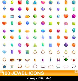100 jewel icons set. Cartoon illustration of 100 jewel icons vector set isolated on white background Stock Vector