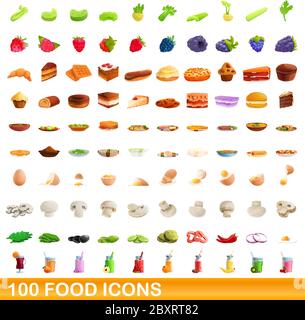 100 food icons set. Cartoon illustration of 100 food icons vector set isolated on white background Stock Vector