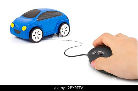 Hand with computer mouse and car isolated on white background Stock Photo