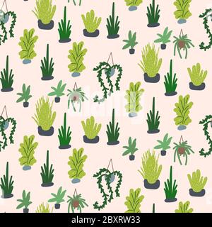 Houseplants vector illustration seamless pattern. Succulents and greenery handdrawn plants. Stock Vector