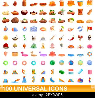 100 universal icons set. Cartoon illustration of 100 universal icons vector set isolated on white background Stock Vector