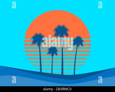 Tropical landscape with palm trees on a background of sea sunset.  80s Retro style. Background for advertising, poster and banner. Vector illustration Stock Vector