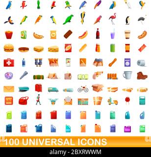 100 universal icons set. Cartoon illustration of 100 universal icons vector set isolated on white background Stock Vector