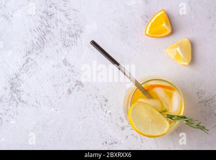 Soft drink lemonade with ice. Top view, copy space Stock Photo