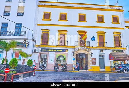ARCOS, SPAIN - SEPTEMBER 23, 2019: Exterior of the old hotel of La Fonda de Califa, located in Calle Corredera, on September 23 in Arcos Stock Photo