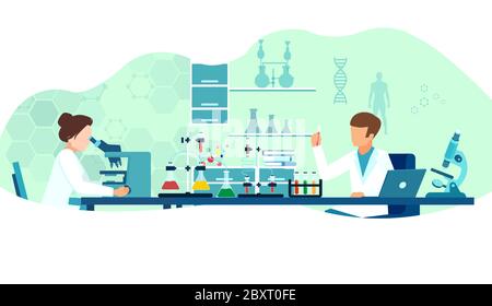 Vector of lab researchers studying new virus working in a lab with a microscope and tools of laboratory. Stock Vector