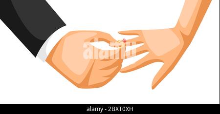 Man puts wedding ring on girls finger. Stock Vector