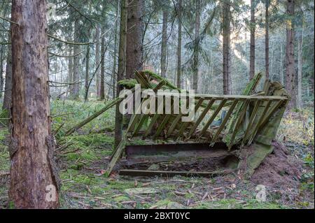 Feed crib, relic from a bygone era when there was still room for stags in German forests. Stock Photo