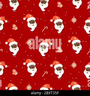 Seamless red xmas pattern with santa and decorations. Stock Vector
