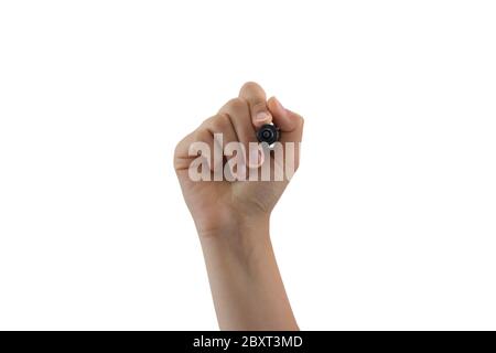 Woman hand with marker isolated on white background. Ideal as a background for handwritten diagrams. Stock Photo