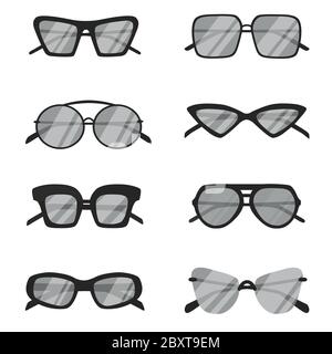 Summer black sunglasses collection. Hippie, classic, aviator, round. Vector set. Stock Vector