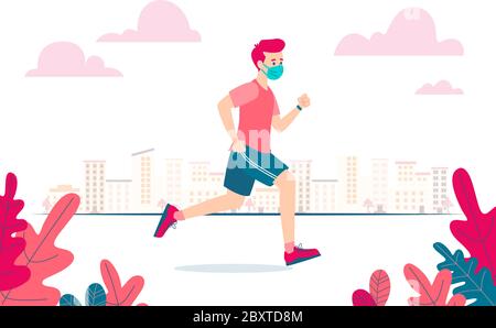 Stock illustration of a runner wearing a mask on his face because of the coronavirus covid-19 and the new normality. Flat vector Stock Vector