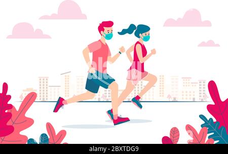 Stock illustration of a two runners, man and woman, wearing a mask on the face because of coronavirus covid-19 and the new normality. Flat vector Stock Vector