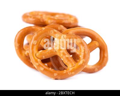 Bretzels cracker isolated on white background. Dry cracker cookies isolated. Salty snacks isolated. Stock Photo