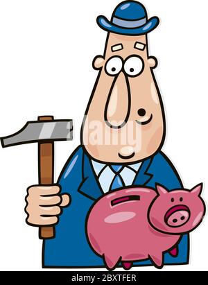 Cartoon illustration of man with hammer and piggy bank Stock Photo - Alamy