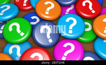 Question mark symbol on many colorful badges customer questions and assistance conceptual 3d illustration. Stock Photo